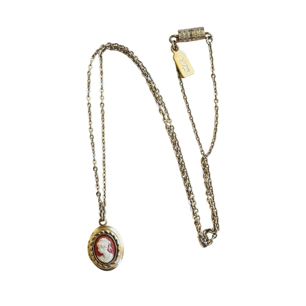VTG 1928 Co Locket Fob Necklace Cameo Victorian Style Gold Plated Dainty 16"